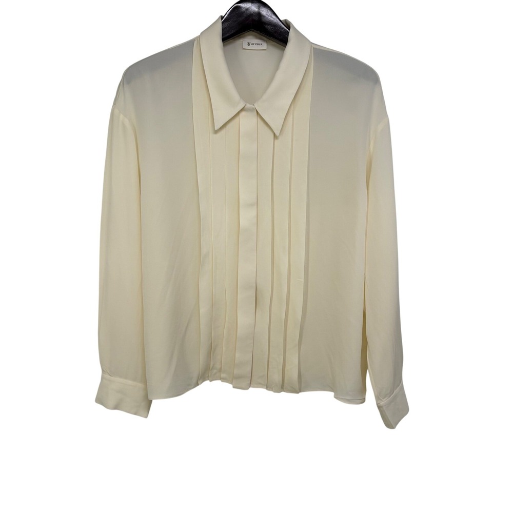 Lilysilk 100% Mulberry Silk Pleated Front Top Ivory Cream XL Old Money Elevated